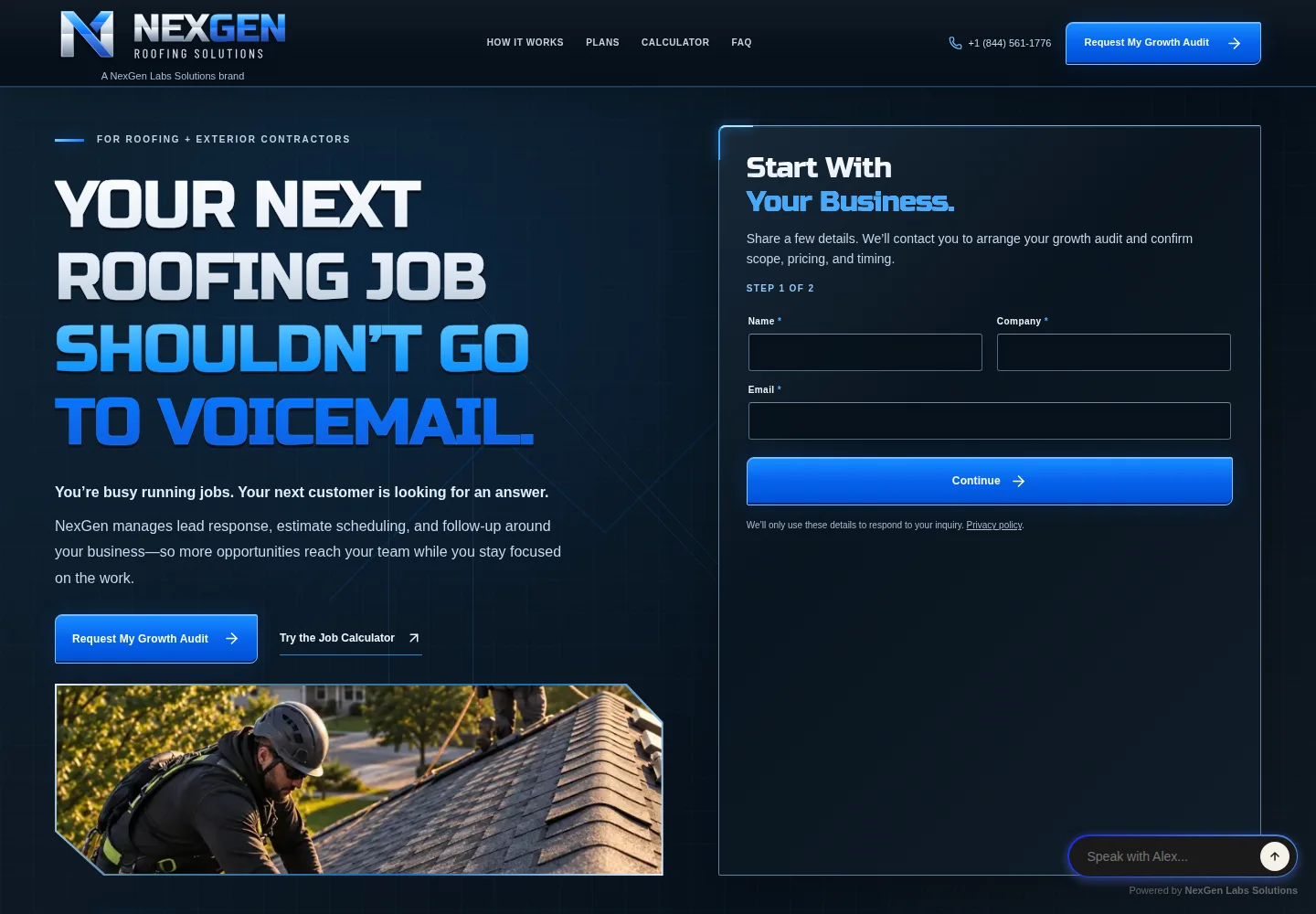 Roofing and exterior contractor website shown on a laptop